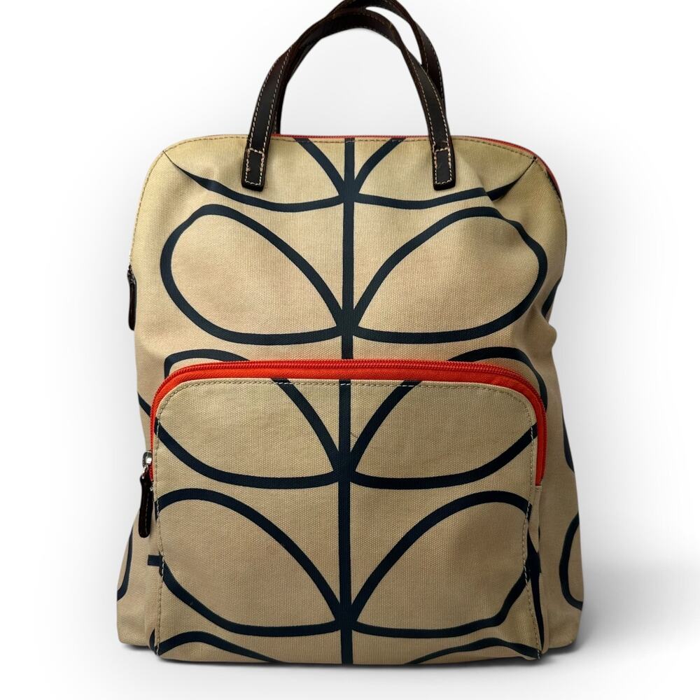 Orla Kiely Linear Stem Print Canvas Bestie Backpack Leather Trim Zip Pocket